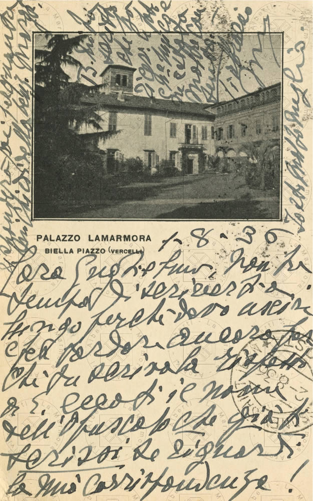 Palazzo La Marmora a Biella, cartolina della madre Enrichetta ad Alberti, 1 agosto 1936